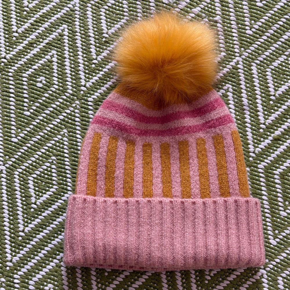 Shiraleah Pink and Mustard Pom Pom Knit Beanie